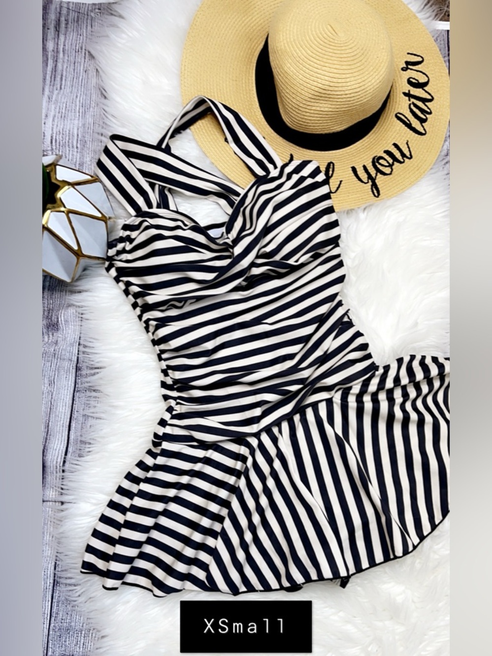 Women Black & White Stripe Swimdress